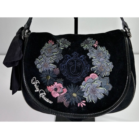 Juicy Couture Handbags - Juicy Couture Y2K Black Floral Velour Shoulder Purse